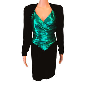 Black Velvet Dress Vintage 80's/90s Party Formal Knee length Metallic Green Wrap